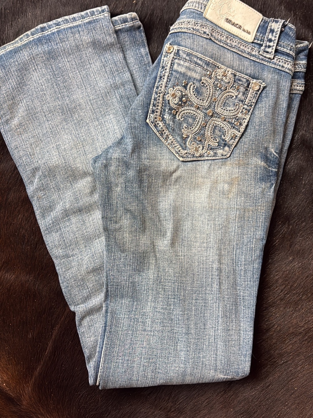 Grace in LA Light Blue Boot Cut Jeans with Embroidered Pocket